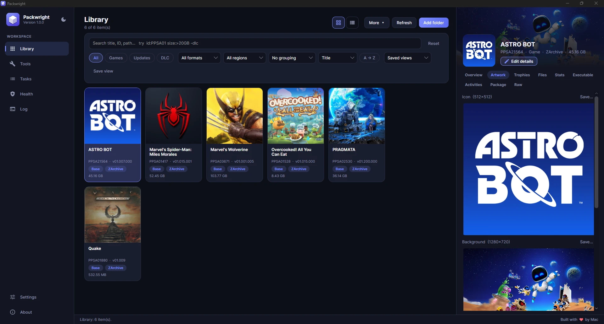 Packwright showing a library of PS5 games as artwork cards, with the details panel open